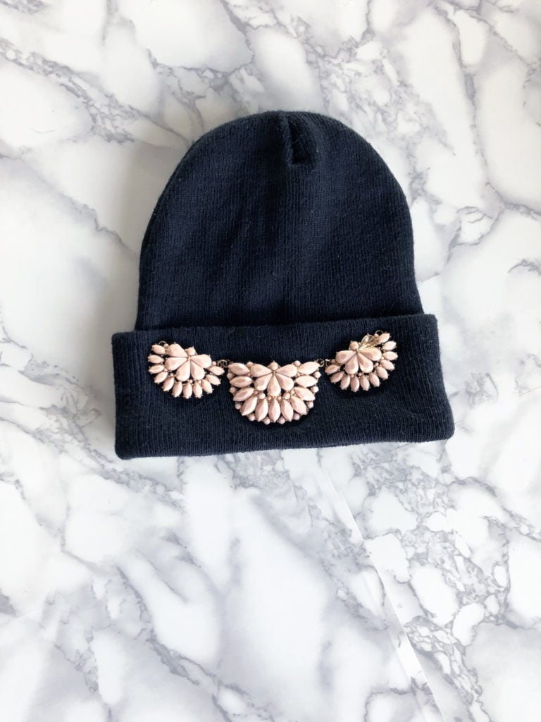 DIY a trendy embellished beanie from a recycled necklace