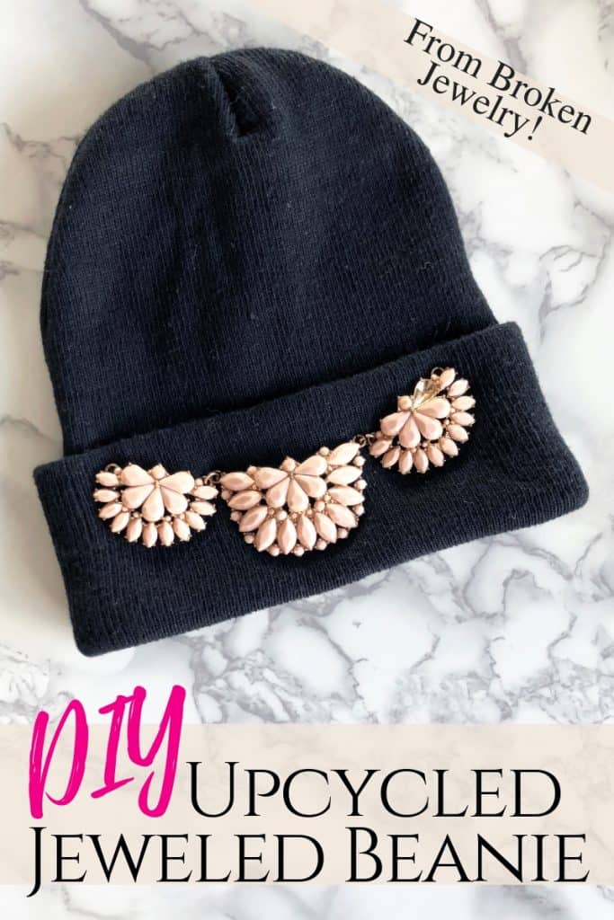 DIY a trendy embellished beanie from an upcycled broken recycled necklace