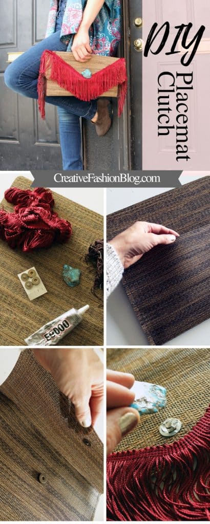 DIY this fringe woven clutch out of a kitchen placemat in less than 30 minutes