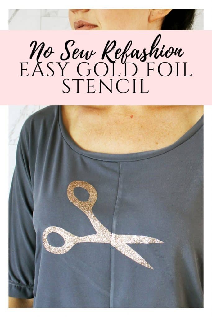 Easy clothing refashion idea. DIY no sew Gold foil Printable Scissors Stencil.