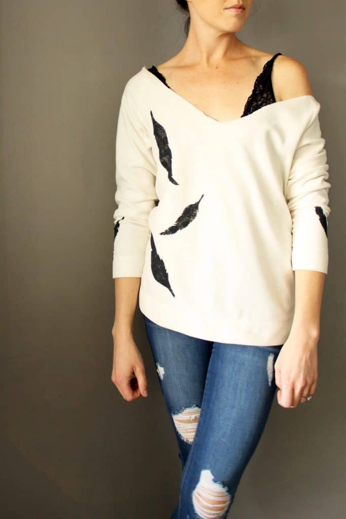 DIY This feather stenciled sweater refashion